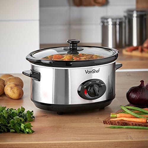 VonShef Mijoteuse électrique 3,5 L Acier Inoxydable - Autocuiseur basse température - Plat en céramique amovible avec couvercle en verre - Slow Cooker - Cuisine A Vivre VonShef Mijoteuse électrique 3,5 L Acier Inoxydable - Autocuiseur basse température - Plat en céramique amovible avec couvercle en verre - Slow Cooker