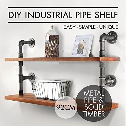 Diwhy Industrial Vintage Wrought Iron Pipe 2-Tier Metal Bathroom Shelf Para Bathroom Shelf 2 Level Rustic Industrial DIY Pipe Shelf Storage Wooden Bookshelf Vintage (92CM)