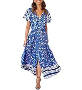 ZESICA Women's Bohemian Floral Print Sexy V Neck Short Sleeve Flowy Beach Party Maxi Dress