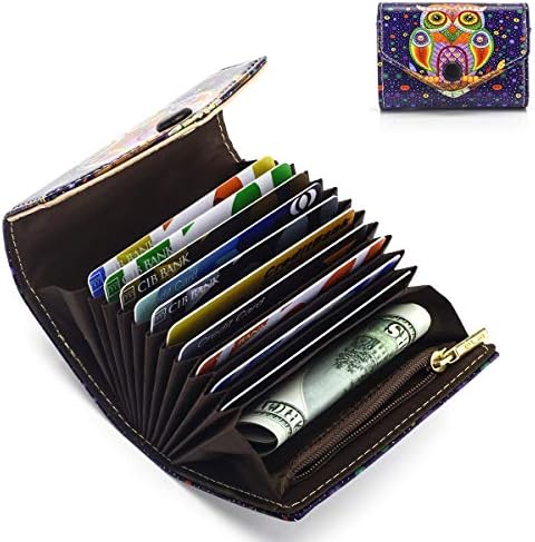 Credit Card Holder RFID Blocking Wallet for Women Accordion Style Small Purse Cartoon Patterns Card Case for Girls/Gift Box/Button owl(0006)