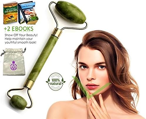 AM4CE Premium 2018 Anti-Aging/Wrinkle Natural Therapy Jade Roller Face-Real Jade 100% Jade Quality Satin Carry Pouch-Dual Head Facial Neck Lifting Massage Roller (Jade Green) + 2 Bonus eBook