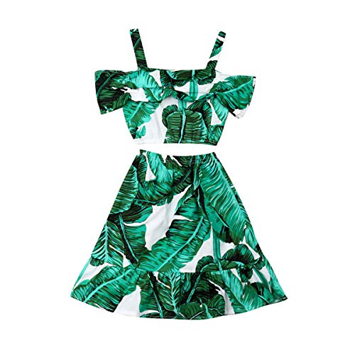 Toddler Baby Girls Ruffle Strap Top+Boho Floral Skirt Summer Outfit Clothes Two Piece Set (Full Leaf Skirt Set, 1-2T)