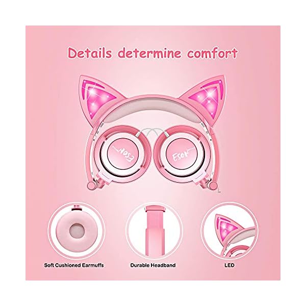 Kids-Cat-Ear-Headphones-for-Girls-Tablet-School-Supplies-Gifts-Light-Up-Wired-Adjustable-Kids-Headphones-Foldable-Over-Ear-Game-Headset-for-Travel-Birthday-ChristmasPeach esonstyle Kids Headphones for Girls, Cat Ear Headphones with Led Light and Volume Limit, Wired Foldable Headphones On…