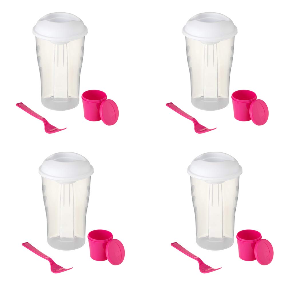 eBuyGB 900 ml Salad to Go Lunch Box Container With matching Fork and Separate Dressing Pot, Pack of 4 (Fuchsia)