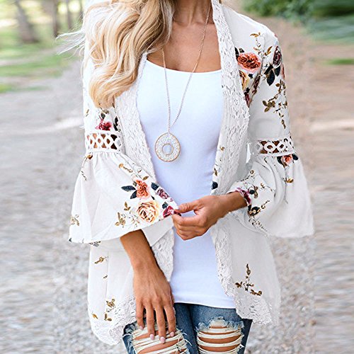 DONTAL Women Lace Floral Open Cape Casual Coat Blouse Kimono Jacket Drape Cardigan White