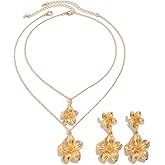 PLOUTOS Gold Tone Flower Statement Jewelry Set For Women, Layered Blossom Pendant Necklace With Matching Dangle Drop Earrings, Elegant Party Gift