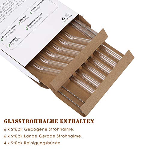 12st Glas Strohhalme Wiederverwendbar (215*10mm) Gerade und Gebogen mit 4 Strohhalm Bürsten, Glas Trinkhalme… – Bild 8