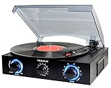 TechPlay TCP2 BK, 3 Speed (33, 45, 78 RPM)turntable with pitch control, FM Radio, RCA Out Jacks, Headphone Jack, and Built-in stereo speakers. LED lights
