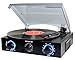 TechPlay TCP2 BK, 3 Speed (33, 45, 78 RPM)turntable with pitch control, FM Radio, RCA Out Jacks, Headphone Jack, and Built-in stereo speakers. LED lights