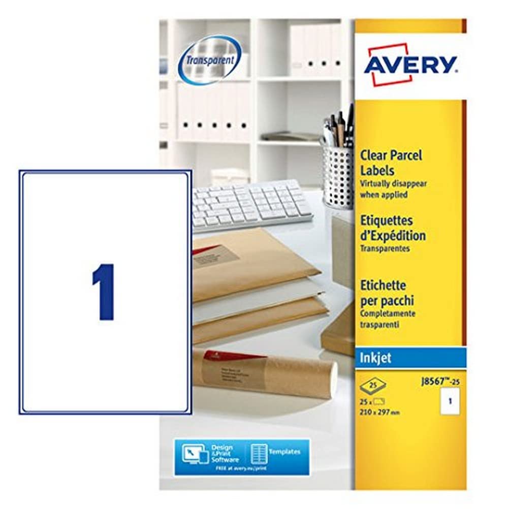 Avery Printable, Customisable Clear Parcel Address Labels, Inkjet Printers, 1 Label per A4 Sheet, 25 Labels, Quickdry (J8567)