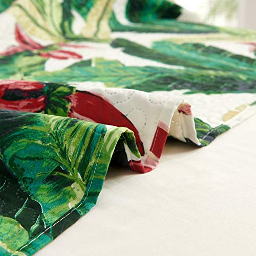 Tropical Rainforest Summer Quilt Set King Size Green Leaf Bedding Set Lightweight Reversible Botanical Flower Bedspread Coverlet with Sham Soft Breathable Bed Set, 1 Quilt and 2 Pillowshams
