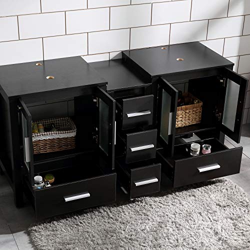 60" Bathroom Vanity Cabinet Double Top Sink Combo Black MDF Wood w/Mirror Faucet and Drain