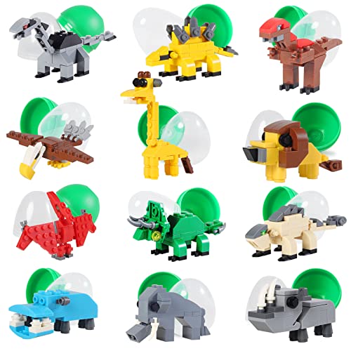 12 Pcs Pre Filled Easter Eggs with Jungle Animals Dinosaurs Building Blocks, 3.25\