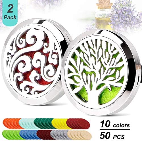 2PCS Car Aromatherapy Essential Oil Diffuser Car Air Freshener Stainless Steel Magnetic Closure Locket Tree of Life & Cloud with 50 Refill Pads