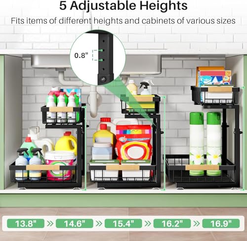 Under Sink Organizer, Height Adjustable kitchen organizers and Storage, Space Saver 2 Tier Pull Out Drawer Cabinet Shelf Storage Rack for Kitchen Bathroom organizer, 1 Pack