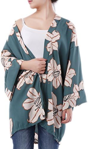 YCOOL Womens Cover up Tops Loose Floral Print Sheer Chiffon Kimono Cardigan Cape Green