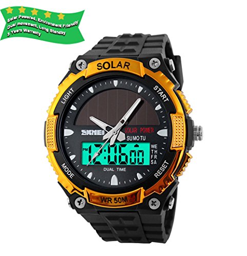 Solar Analog Digital Sport watch Dual Time Big Face Novelty Design Wristwatch 50M Waterproof Fits 15-22cm