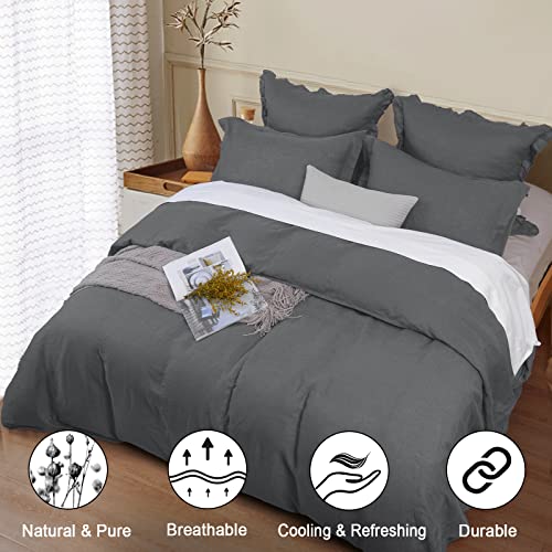 PHF 100 Linen Duvet Cover Set King, Washed Soft French Flax Linen