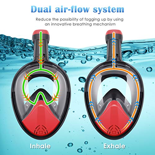 BFULL Snorkel Mask Full Face 180° Panoramic Sea View Anti-Fog Anti-Leak Snorkeling Mask with Action Camera Mount and Soft Adjustable Head Straps for Kids and Adults (Black-Red, S/M)