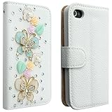 New Designer 3d Crystal Rhinestone Luxury Flip Wallet White Leather Handmade Case Cover for Apple Iphone 4 4s,5 5s, Samsung Galaxy S3,s4 (iphone 4/4s, butterfly and blue leaves)