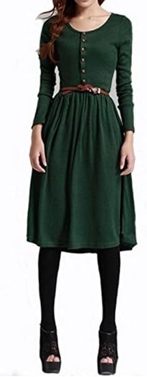 Amazon Co Jp Fowmalheart デイリー から オフィス まで レトロ ラウンド ネック すっきり シンプル ワンピース レディース きれいめ ミモレ 丈 ワンピース グリーン ブラック ベルト付き 服 ファッション小物