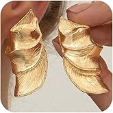 Trendy Gold Big Wavy Pleated Stud Earring for Women, Unique Silver Textured Irregular Geometric Earrings Statement Y2K Party Jewelry Costume Accessories