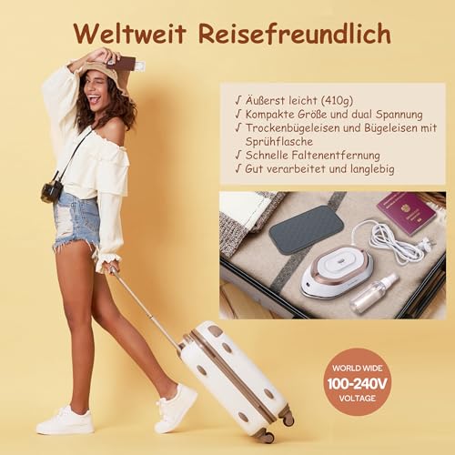 Newbealer Mini Travel Iron with Universal Voltage 100-240V, Compact Iron for Clothes (No Steam), Ceramic Surface, 150°C Hot Press with Spray Bottle, Bag and Silicone Stand, Gold