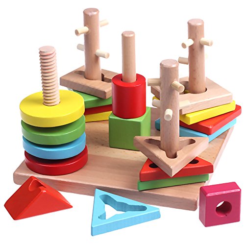 Wooden Shape Sorter Board Building Blocks toy Multi-color Geometric Sorting Stacker for preschool children to learn shape & color