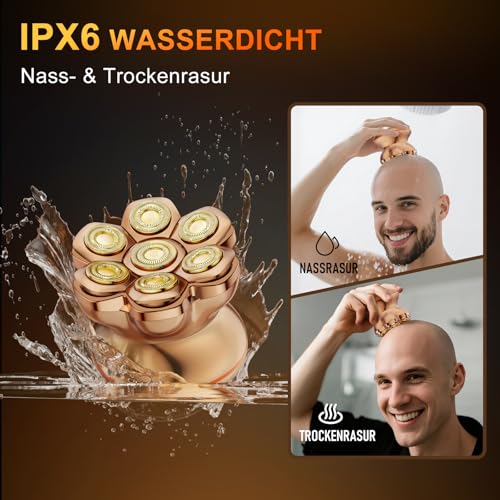 7D PRO Bald Razor Men, MAXGROOM IPX6 Waterproof Head Shaver Bald with Magnetic Floating Head, 1400 mAh Battery Head Razor Men, 8800 RPM Gold Head Shaver Men, Type-c 0 mm Bald Razor