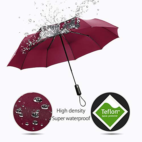 Bodyguard Travel Umbrella, 10 Ribs Finest Windproof Umbrella with Teflon Coating, Auto Open Close and Upgraded Comfort Handle - Gift Leather Cover (Red)