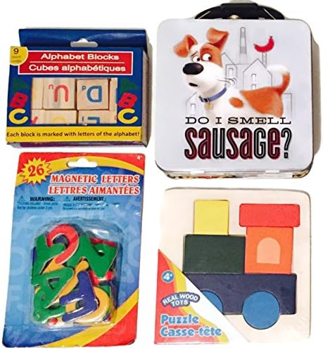 Kid's Lunchbox of Letters Bundle Includes Alphabet Blocks, Magnetic Letters, Wooden Puzzle and Tin Multipurpose Box