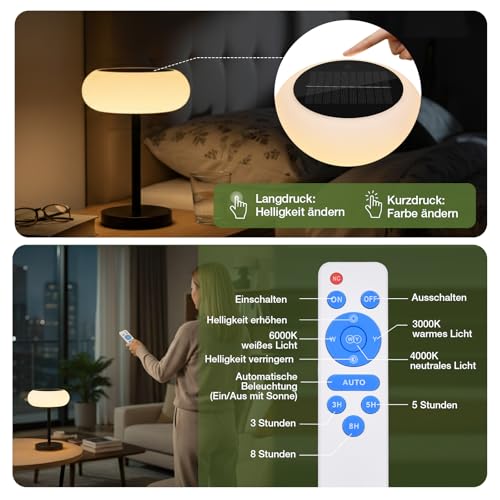 Rosnek Wireless LED Solar Table Lamp, 4000mAh Battery, 3 Color Modes & Continuous Dimming, IP65 Waterproof with Remote Control, USB-C Charging & Solar Power (Pack of 2)