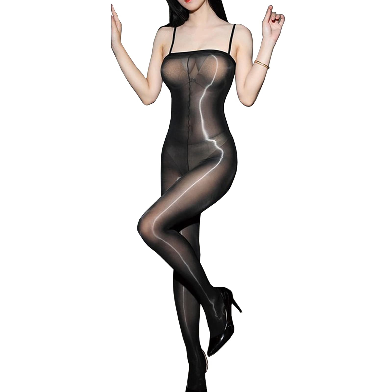 RUIBAVYA Glossy Bodystockings for Women 8D Crotchless Bodysuit Sheer Body Stocking Pantyhose Oil Shiny Pantyhose