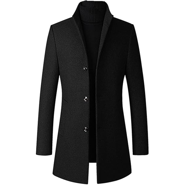 Gsywaipei Mens Round Collar Pea Coat Slim Fit Wool Blend Trench