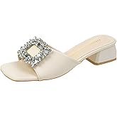 HDFDB Women's Leather Square Rhinestone Block Heel Mules Sandals Fashion Square Open Toe Low Block Heel Slides Sandals for Party Wedding Dress Shoes