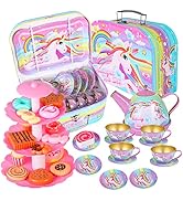 MJartoria Unicorn Tea Party Set for Little Girls Kids Pretend Tin Teapot Set with Carrying Case f...