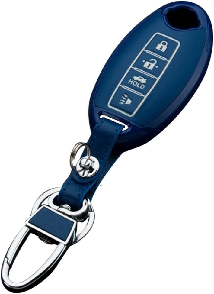 Leather Key Cover Remote Case for Nissan Keyless Entry Remote Smart Card 4 Button Blue
