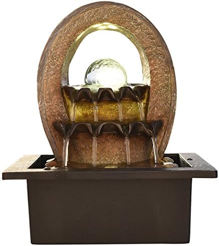 CHRONIKLE Polyresin Brown Designer Oval Table Top Indoor 2 Steps Waterfall Fountain with Yellow LED Lights, Water Flow Controller Pump & Crystal Ball ( Size: 25 x 21 x 18.5 CM | Weight: 1180 grm )
