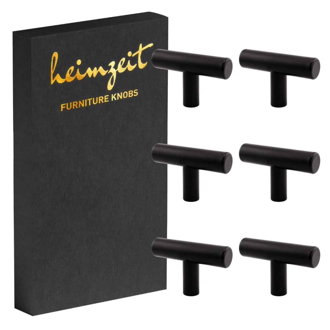 heimzeit Cabinet Knobs Bar for Doors, Drawers, and Dressers Made of Stainless Steel [6 Pieces, T-Shape] Color: Black, Stylish Design, Furniture Knobs with Single Hole Grip and Screws