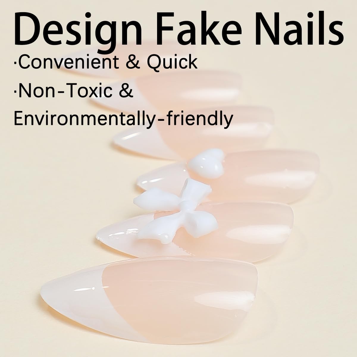 French Tip Press on Nails Medium Almond Fake Nails White False Nails with Design Cute Charms Bow Heart Stick on Nails Full Cover Glossy Acrylic Glue on Nails Artificial Nails for Women Manicure 24Pcs - Image 5