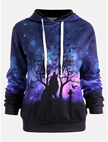 Junshion Women Wolf Digital Print Hoodie Sweatshirt Hollween Baseball Coats Hooded Sweater