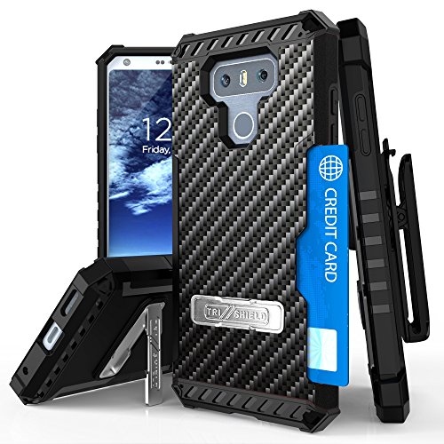 LG G6 Case, Trishield Durable Shockproof Rugged Full Body Protection Armor Phone Cover With Built in kickstand Card Slot Belt Clip Holster Screen Protector Lanyard Loop Carbon Fiber Black - Thumbnail 7