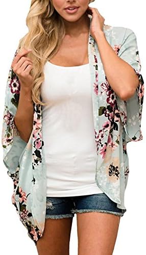 ZEAMO Women Flowy Sheer Crop Sleeves Loose Chiffon/Cotton Kimono Cardigan Blouse Top (Large, Green 2)