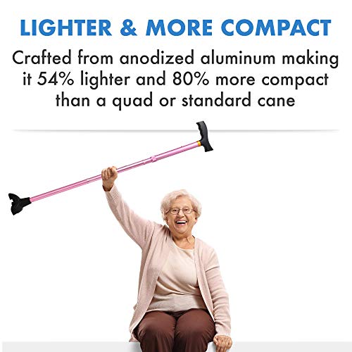 Pivit Walking Cane for Men & Women | Self Standing, Adjustable Offset Balance Stick 4 Point Quad Cane Tip | Lightweight & Sturdy Mobility Walker Aid for Arthritis, Elderly, Seniors & Handicap (Pink)