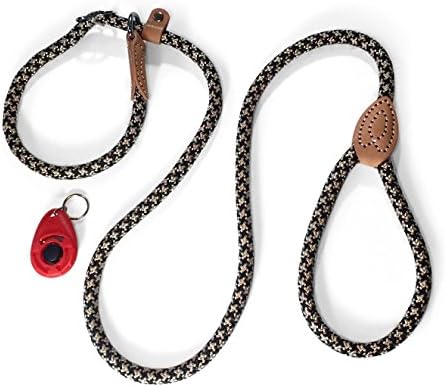 new tricks Slip Lead Training Leash with Clicker, 2-Piece, Black and White Rope with Leather