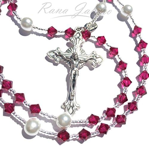 Rana Jabero Ruby (July Birthstone) Swarovski Crystal and Glass Pearl Prayer Rosary