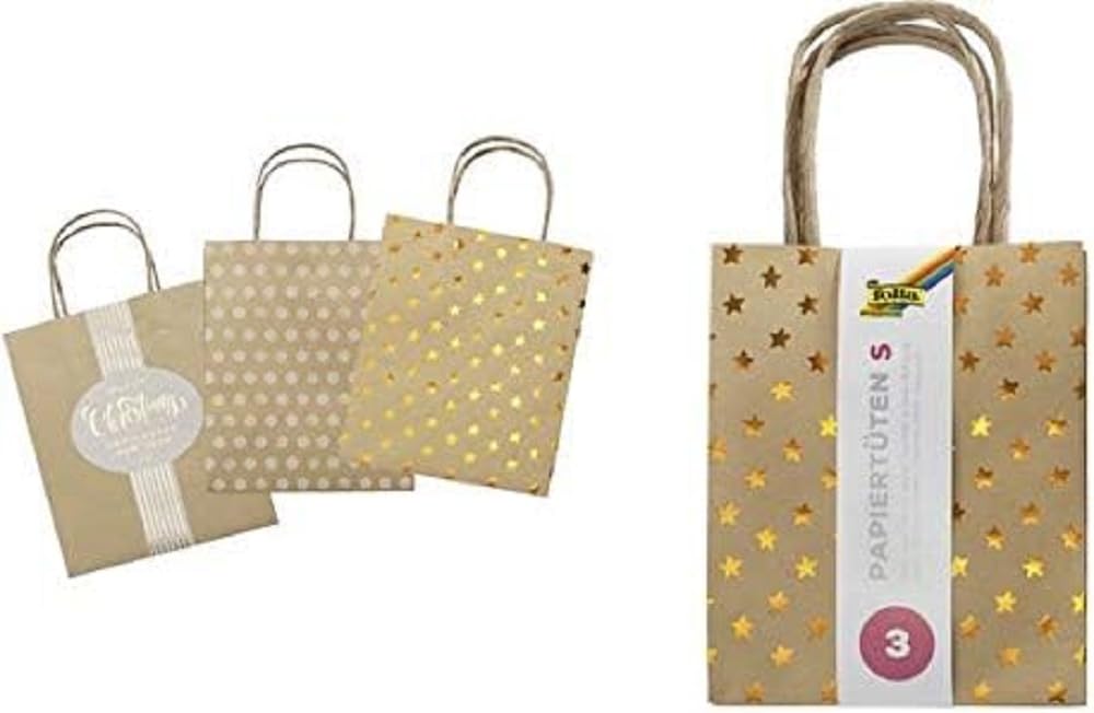 folia 21823/3 - Paper Bags X-mas Made of Brown Kraft Paper, Gift Bags Partially with Hot Foil Embossing, Pack of 3, Approx. 18 x 8 x 21 cm, Assorted in 3 Designs - for Crafts, Decorating and Gifting — image 1