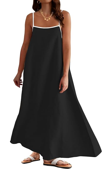 thumbnail image 2 of CHARTOU Women's Linen Maxi Dress - Spaghetti Strap, Sleeveless, Flowy Long Summer Dress With Contrast Trim (Black, Blue, Khaki) 2 of 11