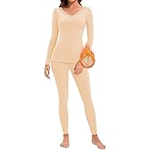 LEYSHE Lace V Neck Thermal Underwear Sets For Women Long Johns Fleece Base Layer Cold Weather Thermal Pajamas Set Top Bottom