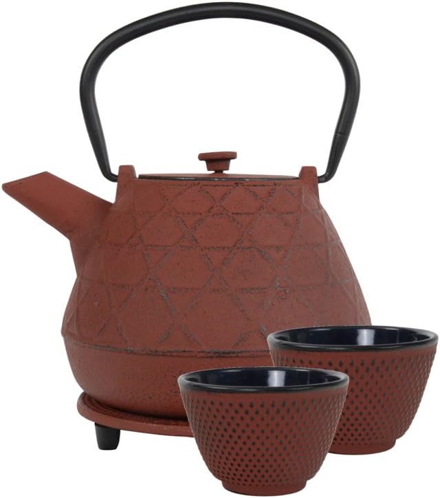 Teaclassix Hewi Cast Iron Tea Set Red. 1 Teapot 1 L with Stainless Steel Infuser, 2 Teacups 120 ml, 1 Trivet. Traditional Japanese Style. In attractve Giftbox. The Perfect Gift for a Tealover.